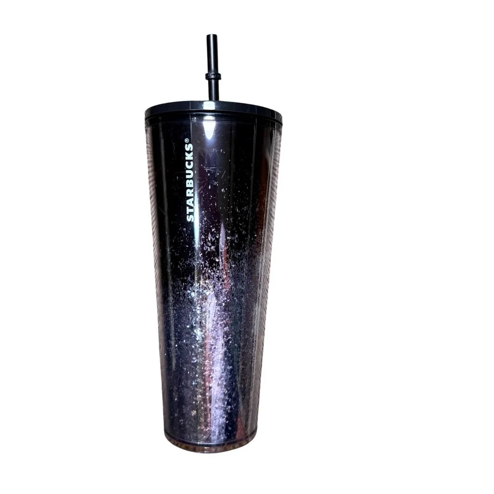 Starbucks 24oz Venti Cold Cup Tumbler Black Silver Ombre Glitter Sparkle Straw